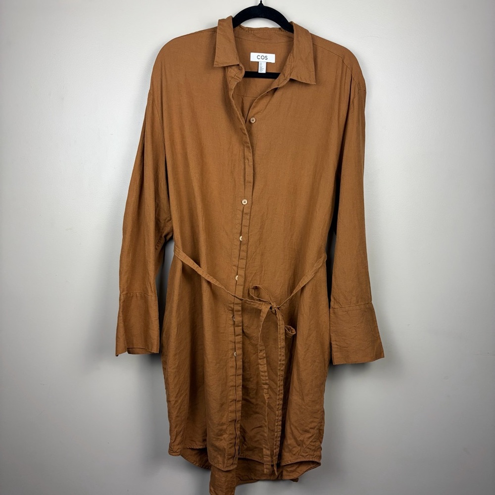 COS Linen 14 Button Down Long-Sleeve Classic Shirt Dress in Rust Preppy Summer - Picture 10 of 12